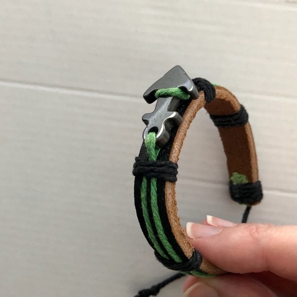 Nautical Leather and Cord Anchor Bracelet Green and Black - Picture 3 of 5